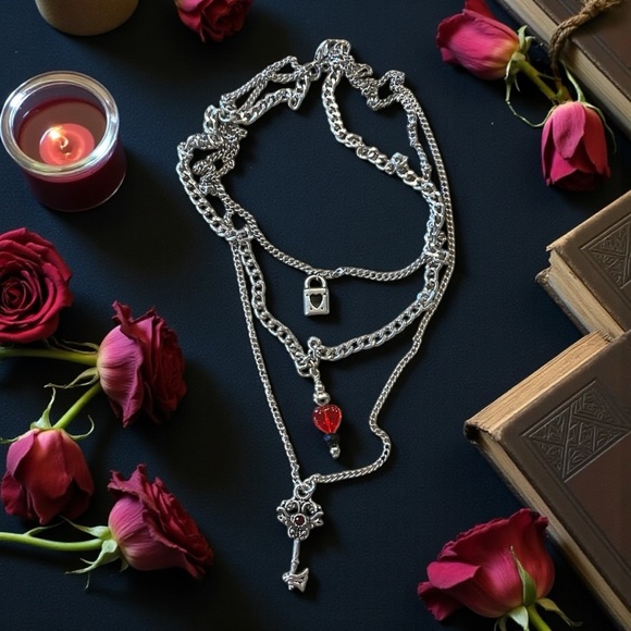 Jewelry - Layered Gothic Heart Lock and Key Pendant Necklace
